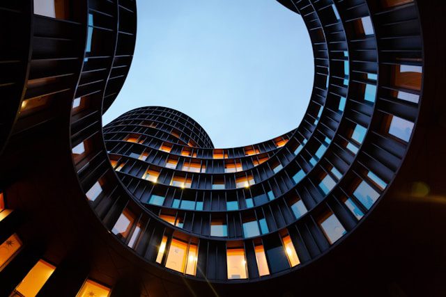 View of buildings in a spiral shape from the ground up